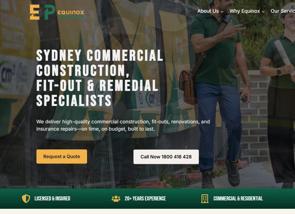Actual Equinox Projects website redevelopment screenshot highlighting its Sydney construction and fit-out homepage