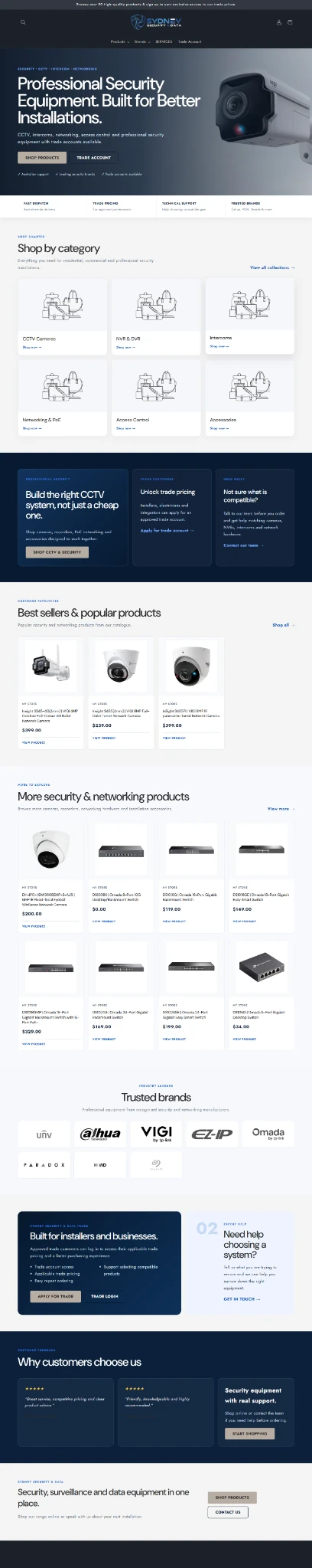 Actual full-length Sydney Security and Data ecommerce homepage screenshot