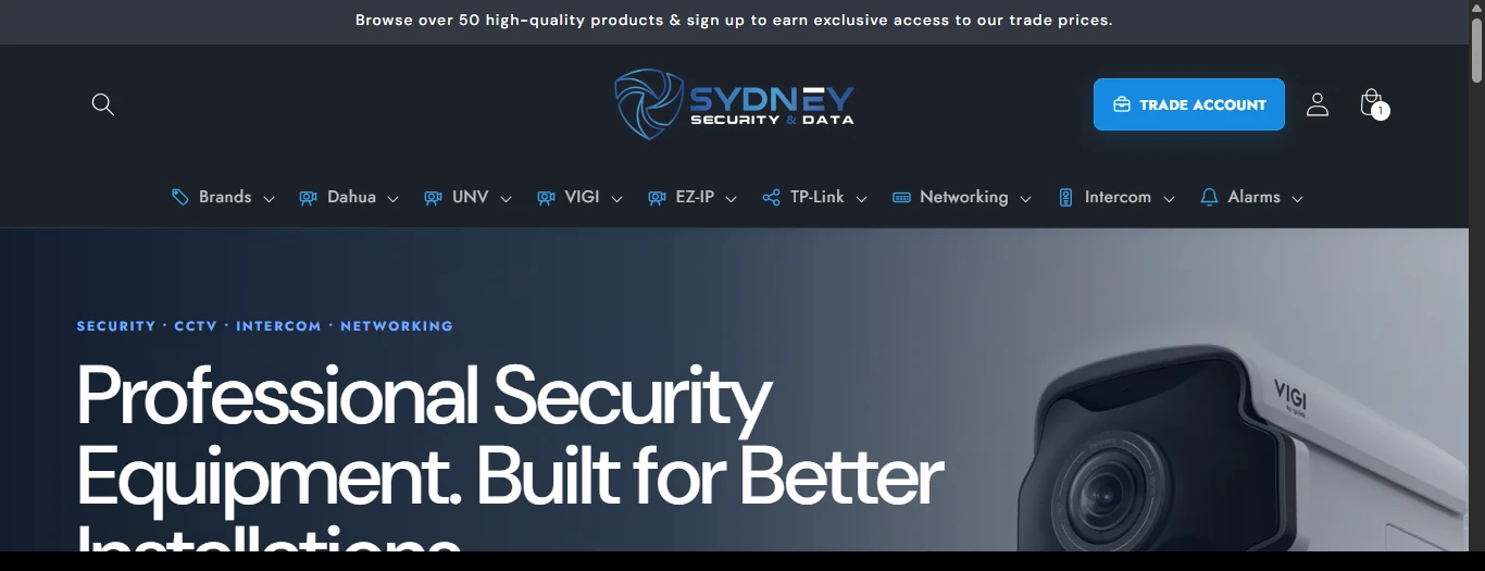 Actual Sydney Security and Data storefront screenshot, showing its navigation and Shopify homepage