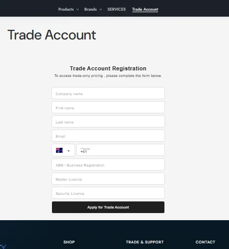 Sydney Security and Data actual Shopify trade account application screenshot